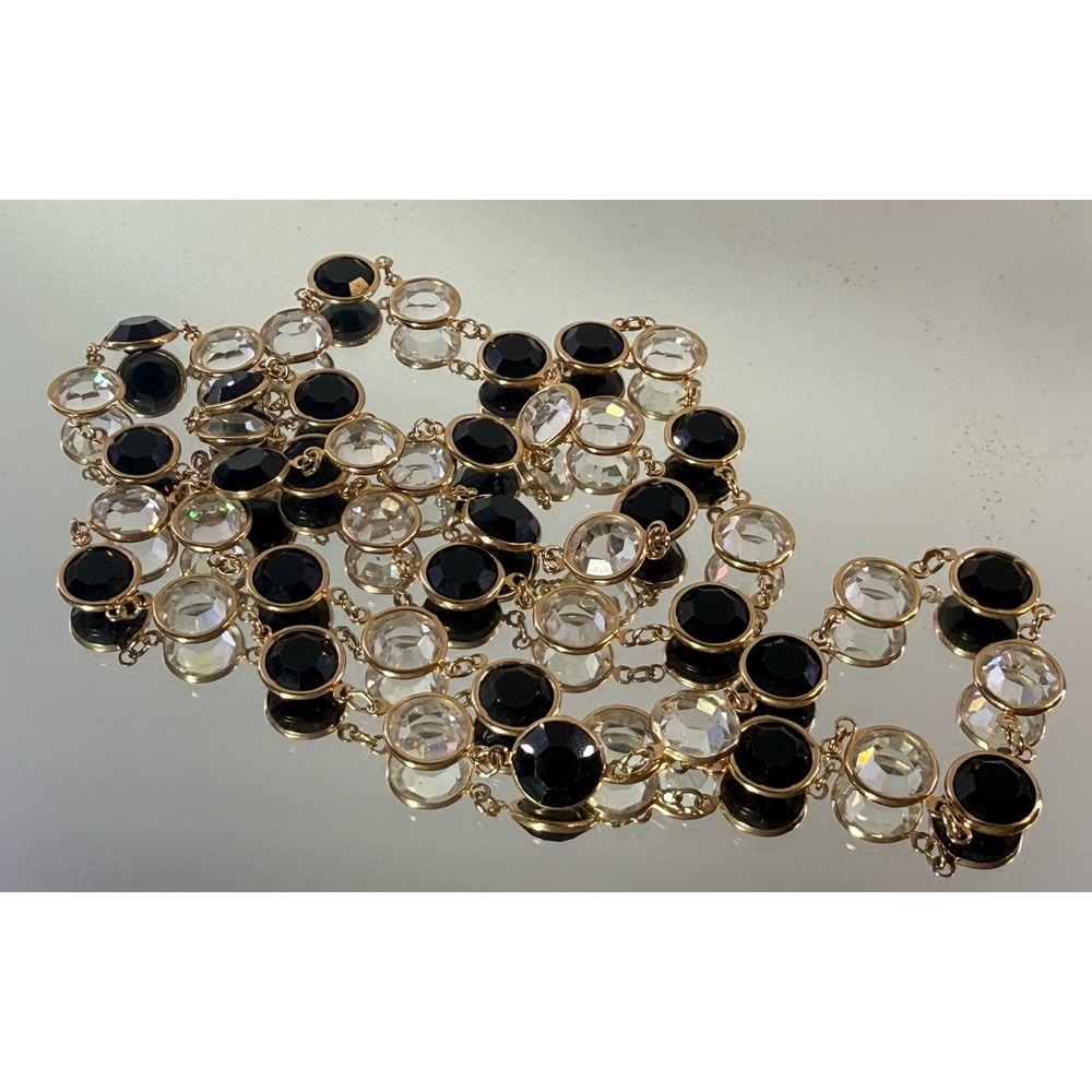 Vintage Austrian Crystal Bezel Necklace Gold Tone Black & Clear 36"